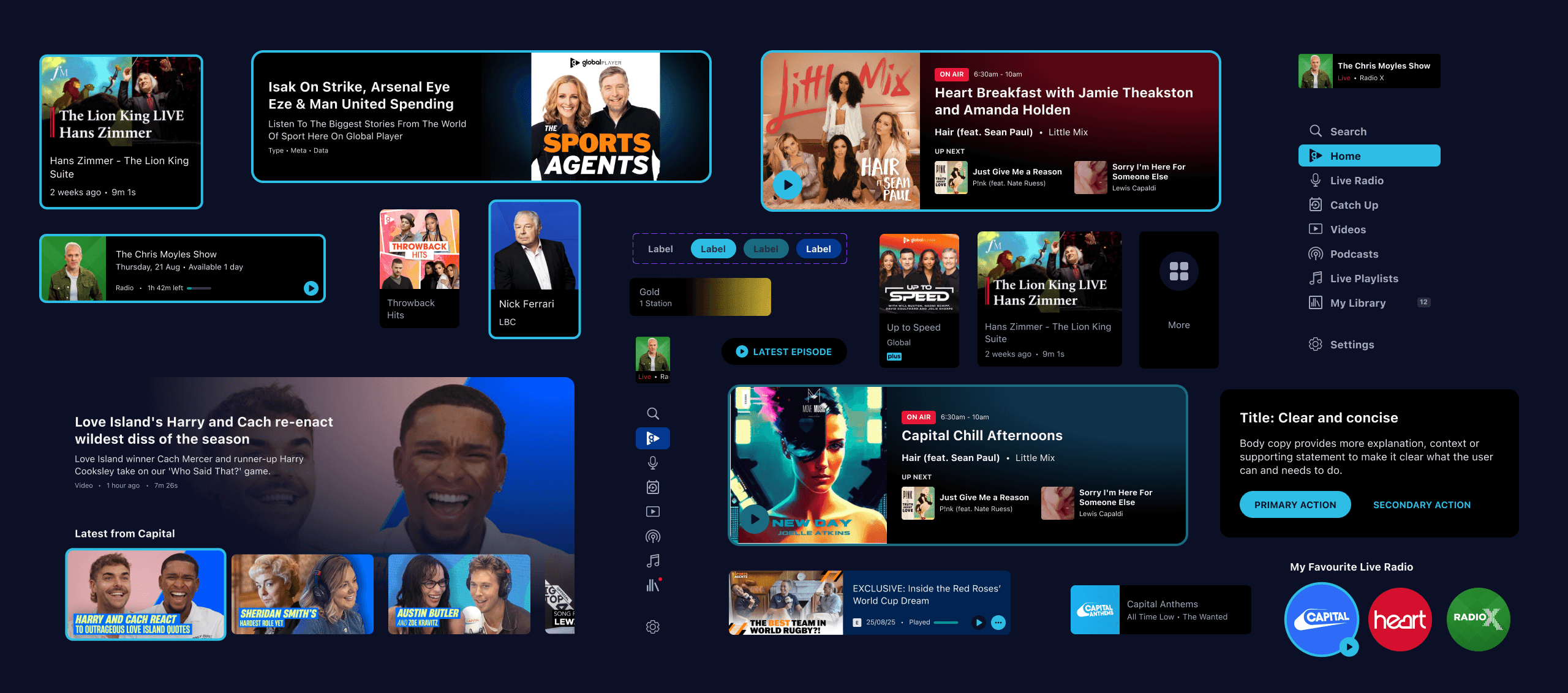 Patchwork of reusable components from the Global Player CTV design system.